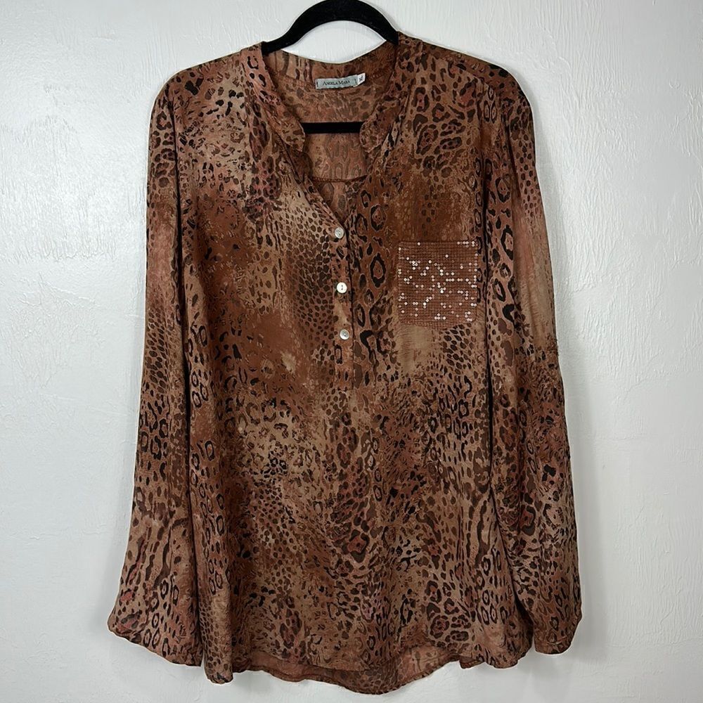 Angela Mara Leopard Print Long Sleeve Blouse Top Size XL